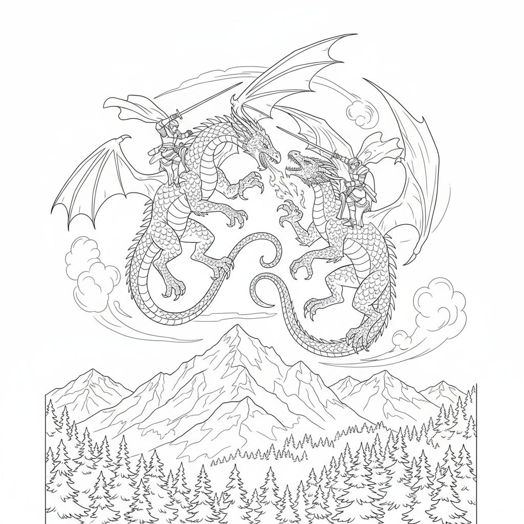 Draghi con cavalieri in lotta nei cieli. Cavalcano sopra montagne e foreste. - Disegno da colorare gratuito