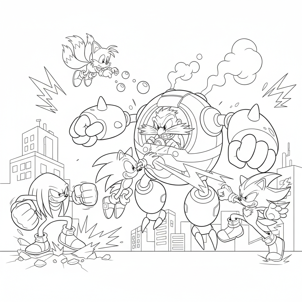Une photo de Sonic le hérisson, Knuckles, Tails et Shadow combattant le Dr Robotnic - Coloriage gratuit à imprimer