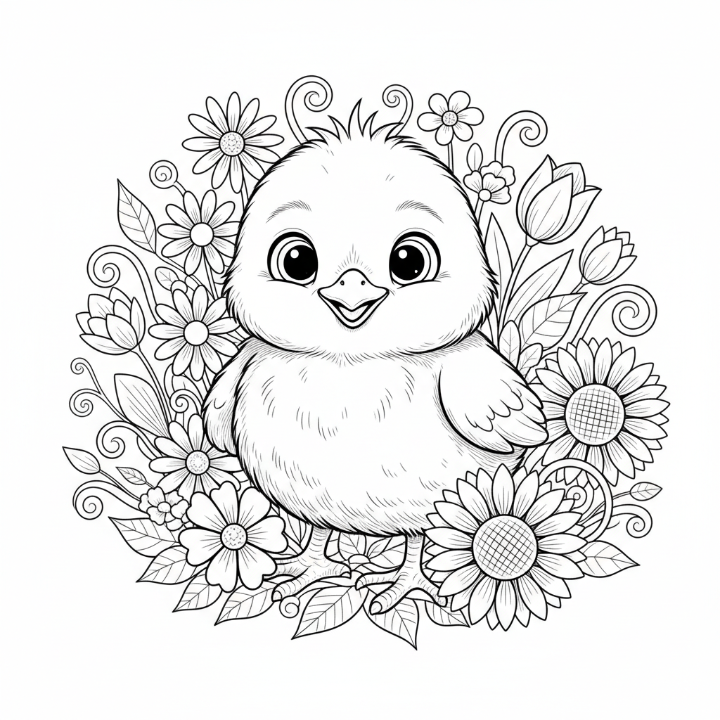 Cute baby chick surrounded by flowers - Free Printable Coloring Page Cute baby chick surrounded by flowers - Free Printable Coloring Page