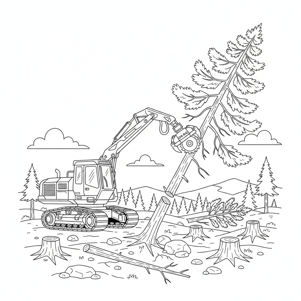 A Feller Buncher on tracks cutting down a tree. - Free Printable Coloring Page