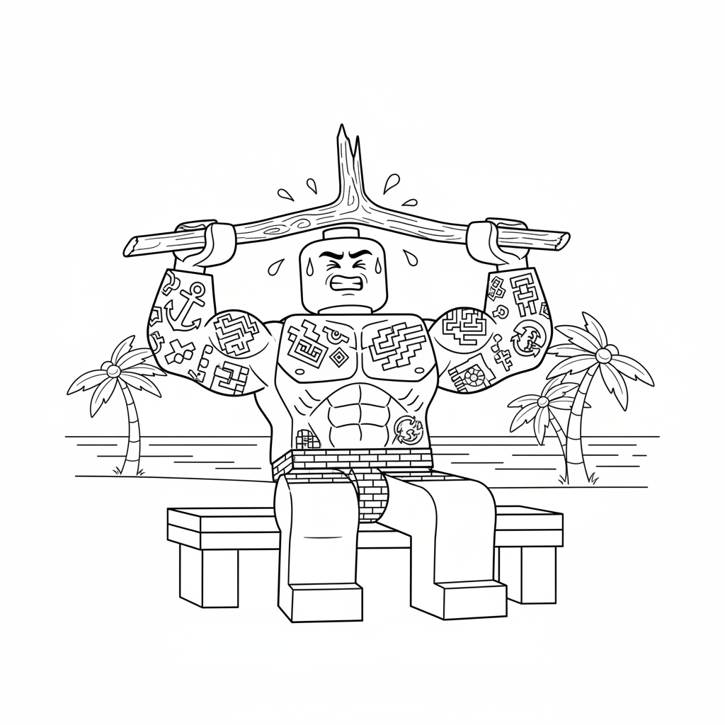 Un tizio alto e muscoloso con numerosi tatuaggi, in costume da bagno, che cerca di sollevare un bastone con la panca. - Disegno da colorare gratuito Un tizio alto e muscoloso con numerosi tatuaggi, in costume da bagno, che cerca di sollevare un bastone con la panca. - Disegno da colorare gratuito