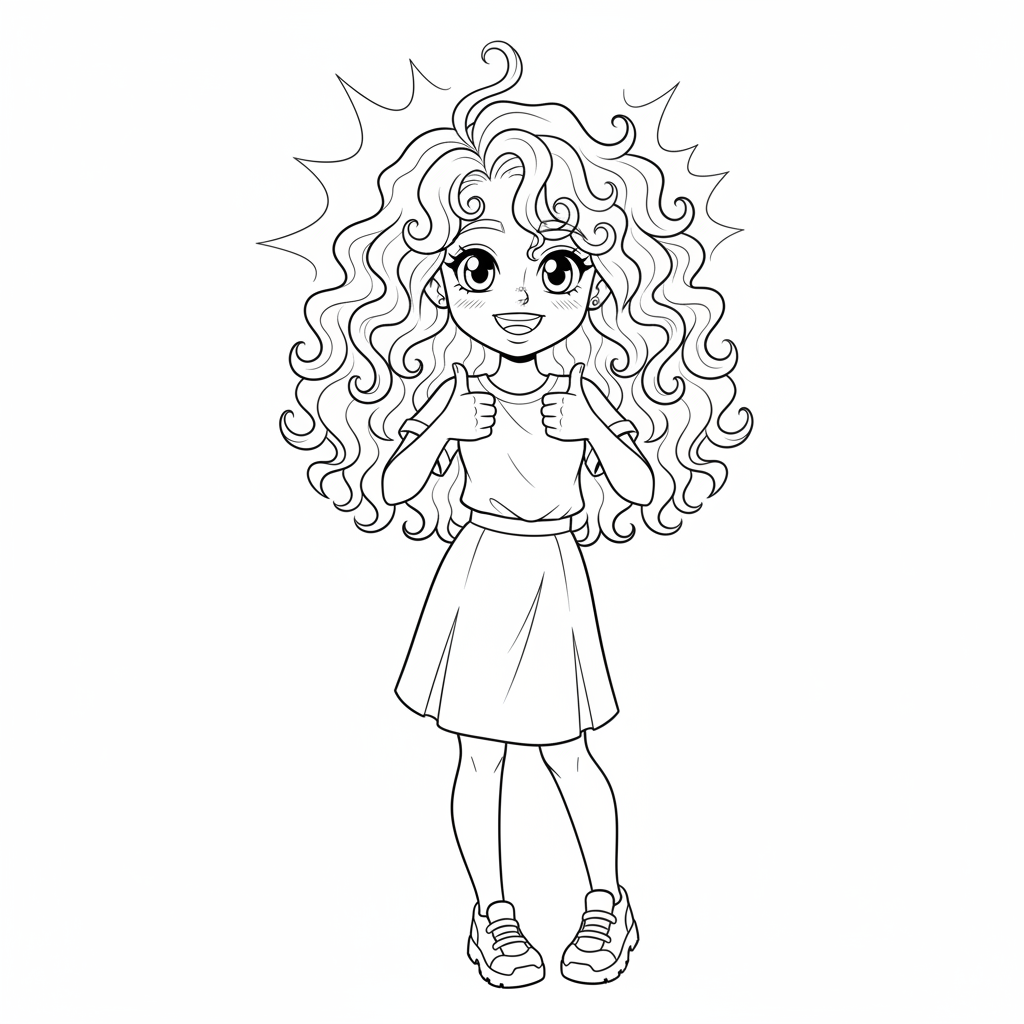anime cartoon style curly hair girl with 2 thumbs up and - Free Printable Coloring Page anime cartoon style curly hair girl with 2 thumbs up and - Free Printable Coloring Page
