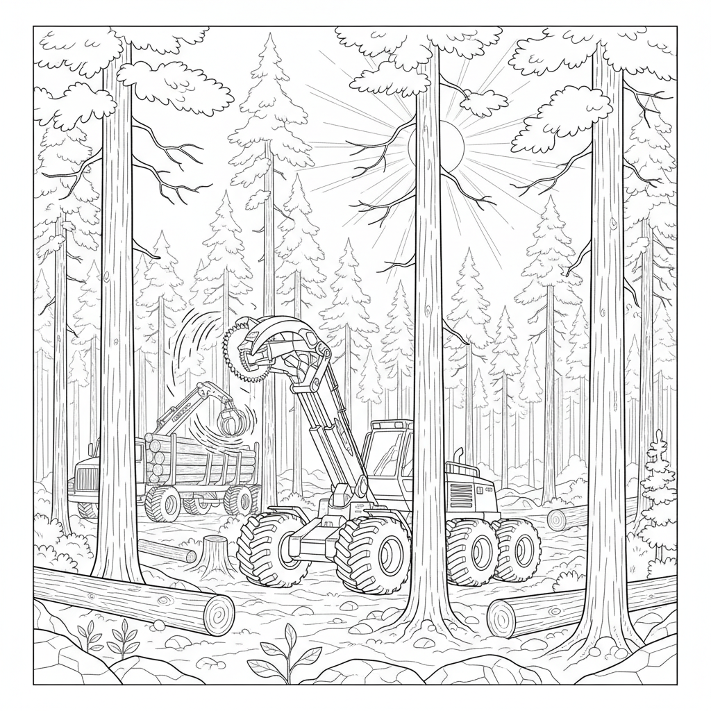 A forest with logging equipment. A feller buncher cutting down a tree. - Free Printable Coloring Page