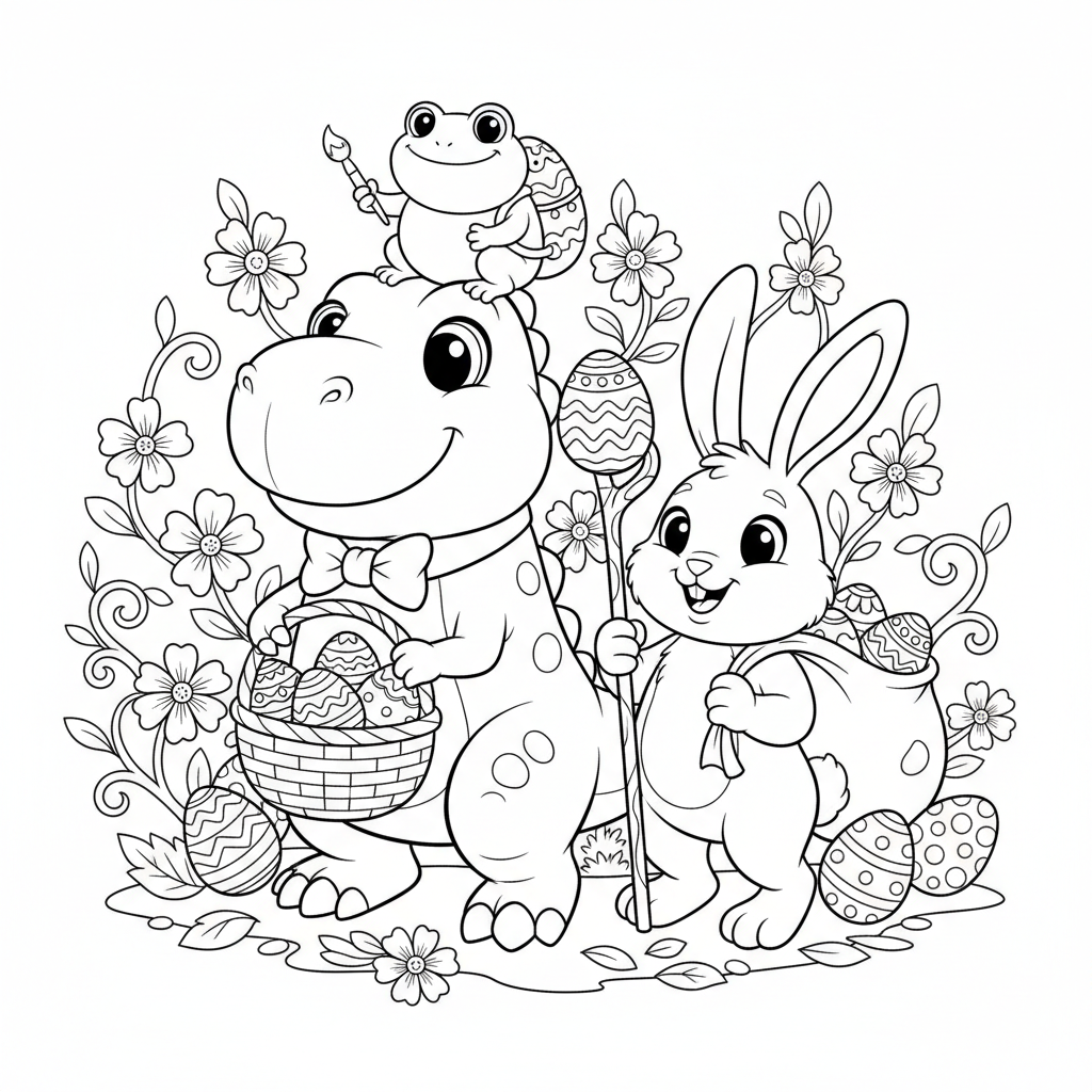 En söt dinosaurie med påskharen och en söt groda - Gratis utskrivbar målarbild En söt dinosaurie med påskharen och en söt groda - Gratis utskrivbar målarbild
