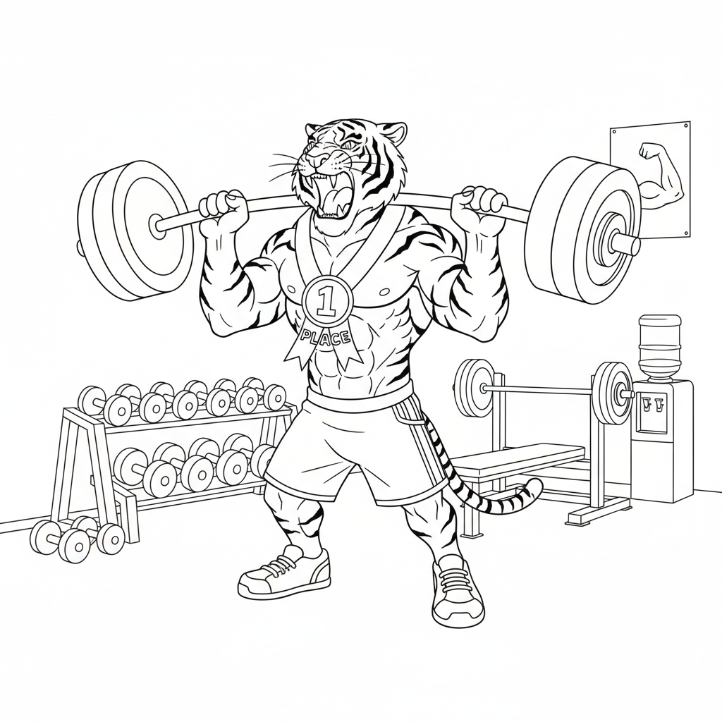 A teenage tiger in a weight room lifting heavy weights wearing a 1st place ribbon around its neck. - Free Printable Coloring Page A teenage tiger in a weight room lifting heavy weights wearing a 1st place ribbon around its neck. - Free Printable Coloring Page