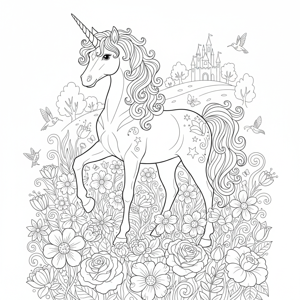 A magestic unicorn standing in a flower garden - Free Printable Coloring Page