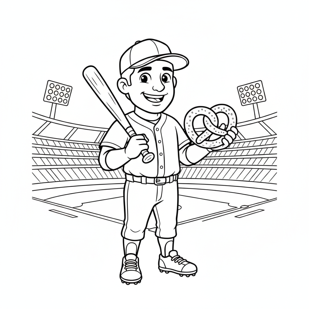 cartoon Baseball player holding baseball bat and pretzel in a stadium - Free Printable Coloring Page cartoon Baseball player holding baseball bat and pretzel in a stadium - Free Printable Coloring Page