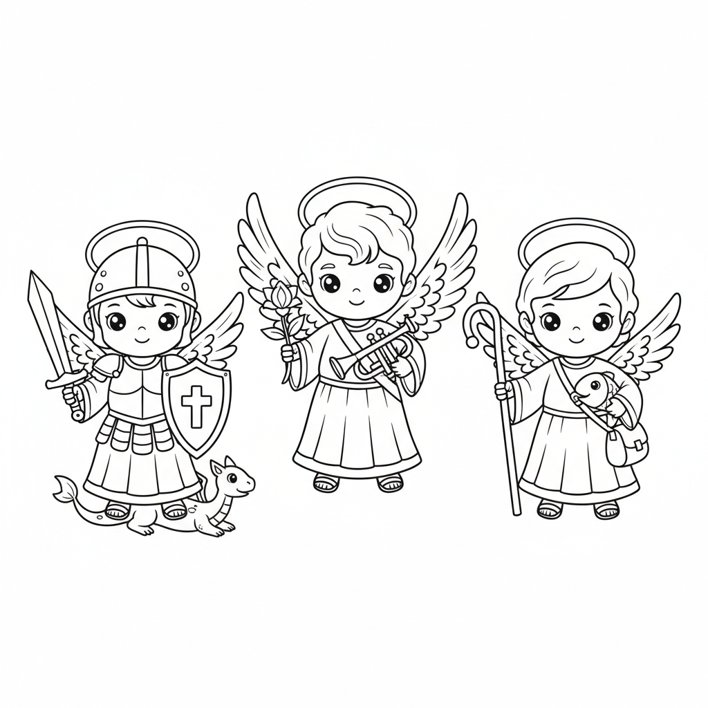 I 3 arcangeli - San Michele, San Gabriele, San Raffaele - disegnati in modo simpatico - Disegno da colorare gratuito I 3 arcangeli - San Michele, San Gabriele, San Raffaele - disegnati in modo simpatico - Disegno da colorare gratuito