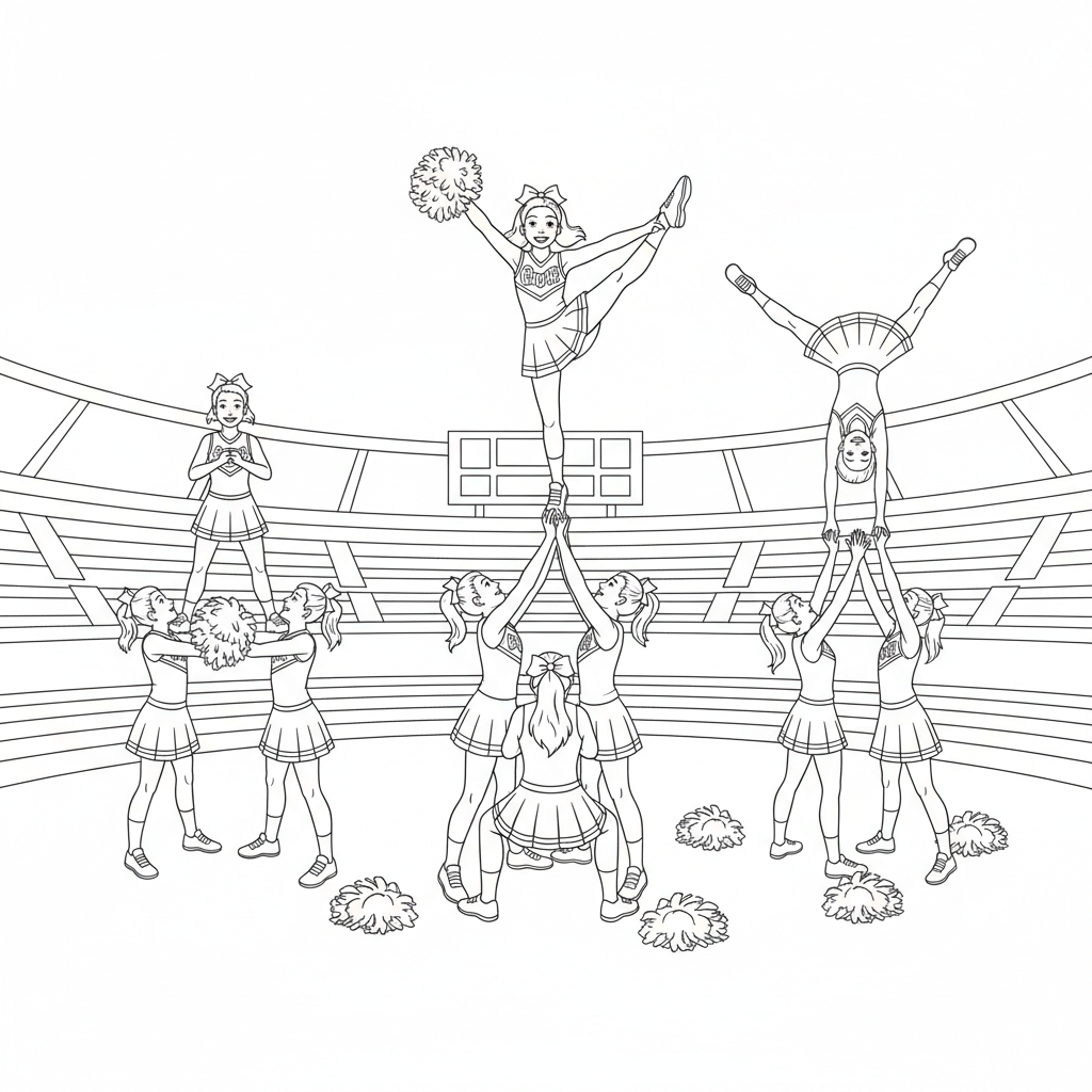 cheerleaders  doing stunts - Free Printable Coloring Page