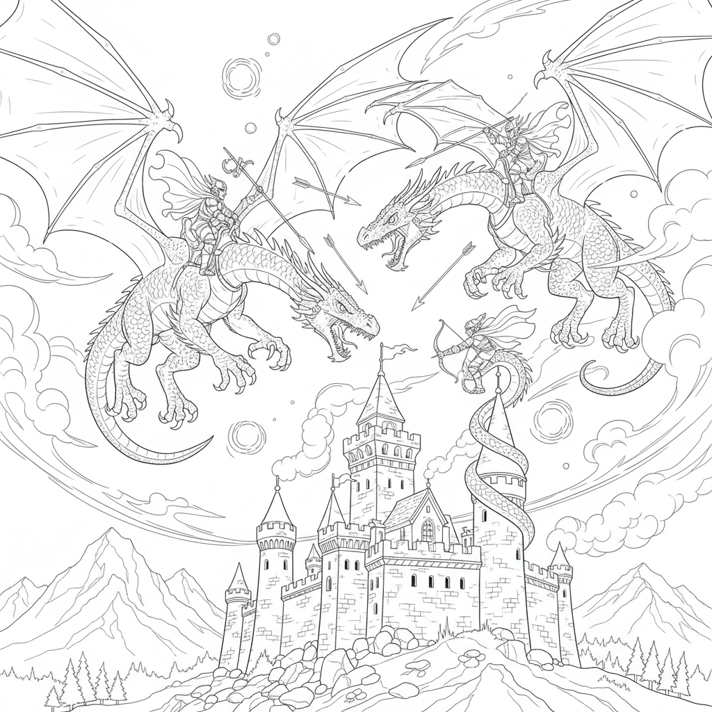 dragons with riders in a conflict over a castle scene - Free Printable Coloring Page