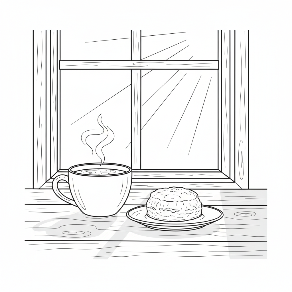 Una taza de café junto a un bollo en un plato, con la brillante luz del sol entrando por una ventana y proyectando sombras. - Página para colorear gratis