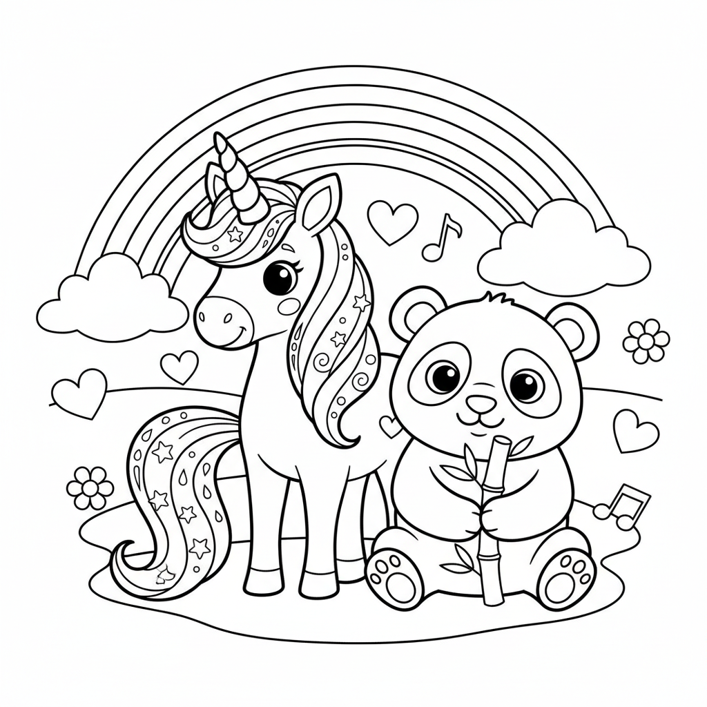 Einhorn mit Regenbogenhorn und einem Panda-Freund - Free Printable Coloring Page Einhorn mit Regenbogenhorn und einem Panda-Freund - Free Printable Coloring Page