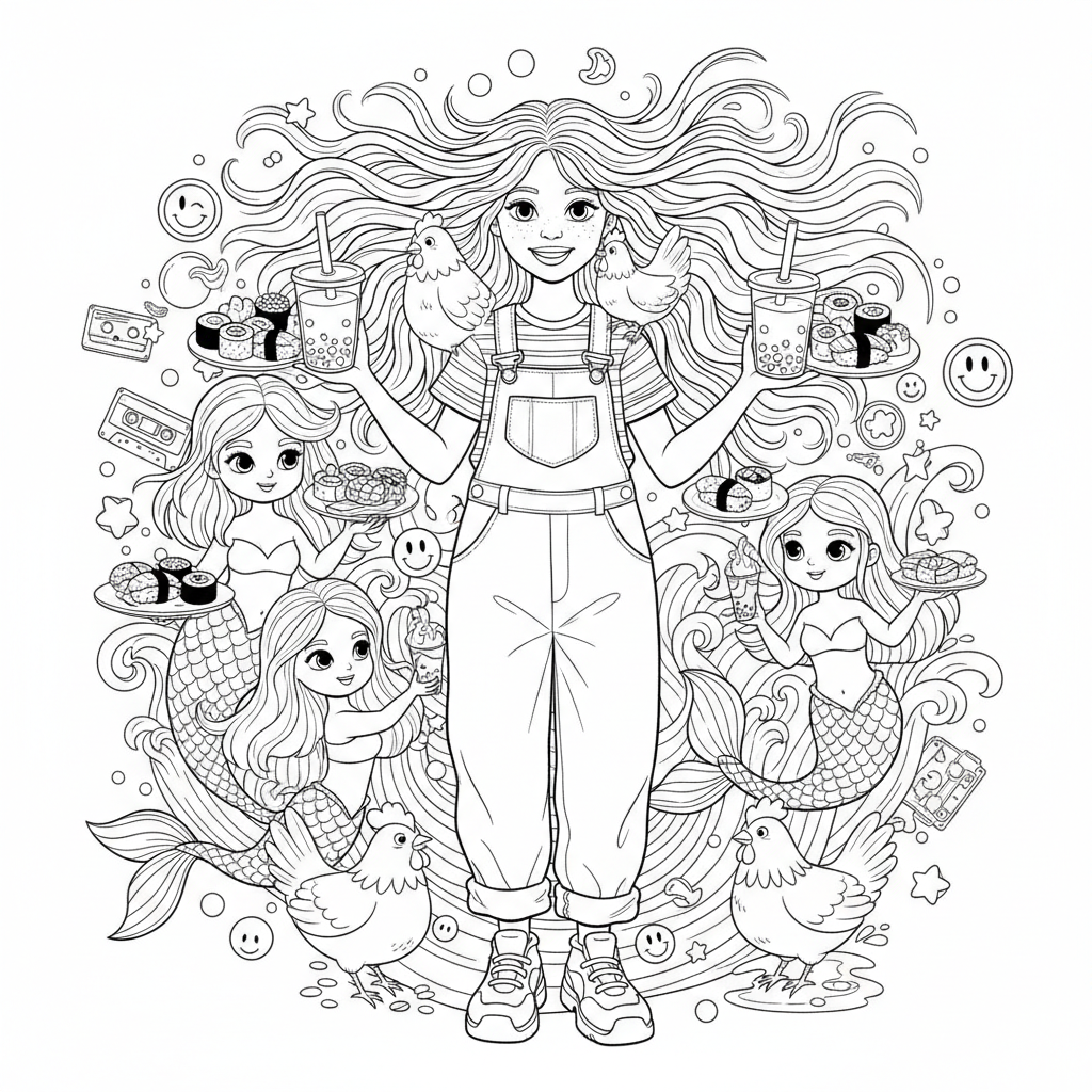 a picture of a 7 year old girl with long wild hair, overalls, 90's vibe, mermaids, sushi, bubble tea - Free Printable Coloring Page