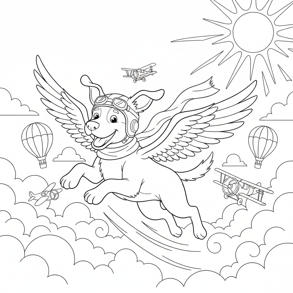 a dog fly in the blue sky - Free Printable Coloring Page a dog fly in the blue sky - Free Printable Coloring Page
