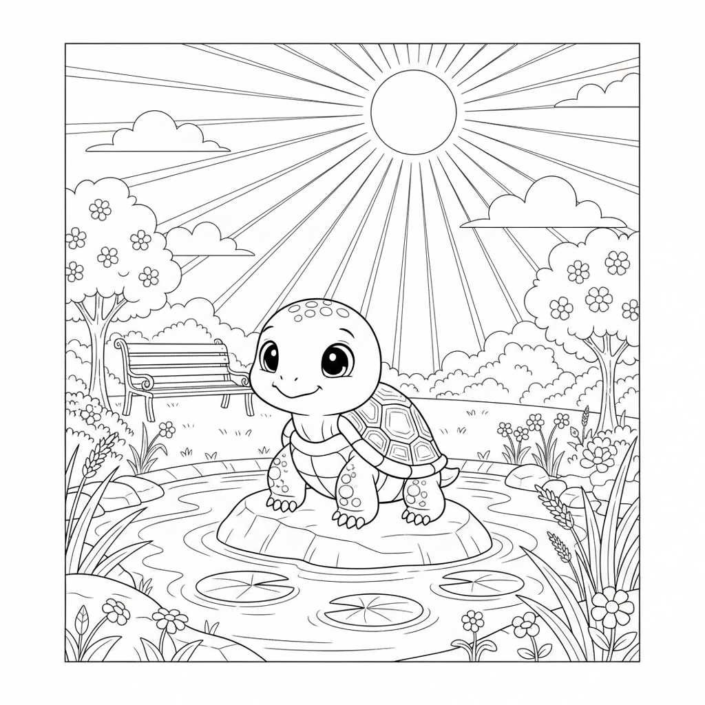 Une adorable petite tortue près d'un étang dans un parc par une journée ensoleillée - Free Printable Coloring Page Une adorable petite tortue près d'un étang dans un parc par une journée ensoleillée - Free Printable Coloring Page