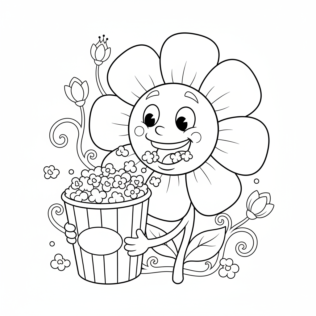 A flower eating a tub of popcorn - Free Printable Coloring Page