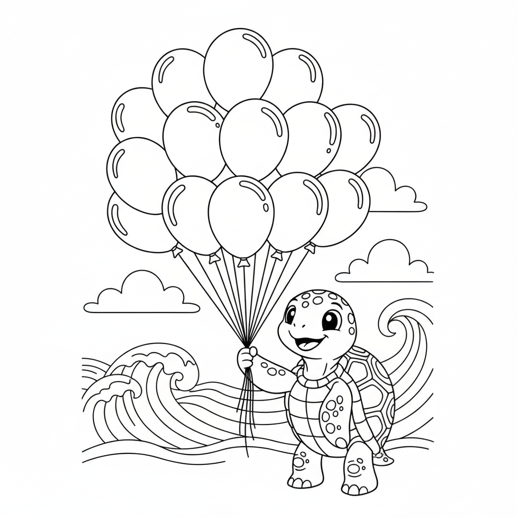 A turtle holding a bunch of balloons - Free Printable Coloring Page A turtle holding a bunch of balloons - Free Printable Coloring Page