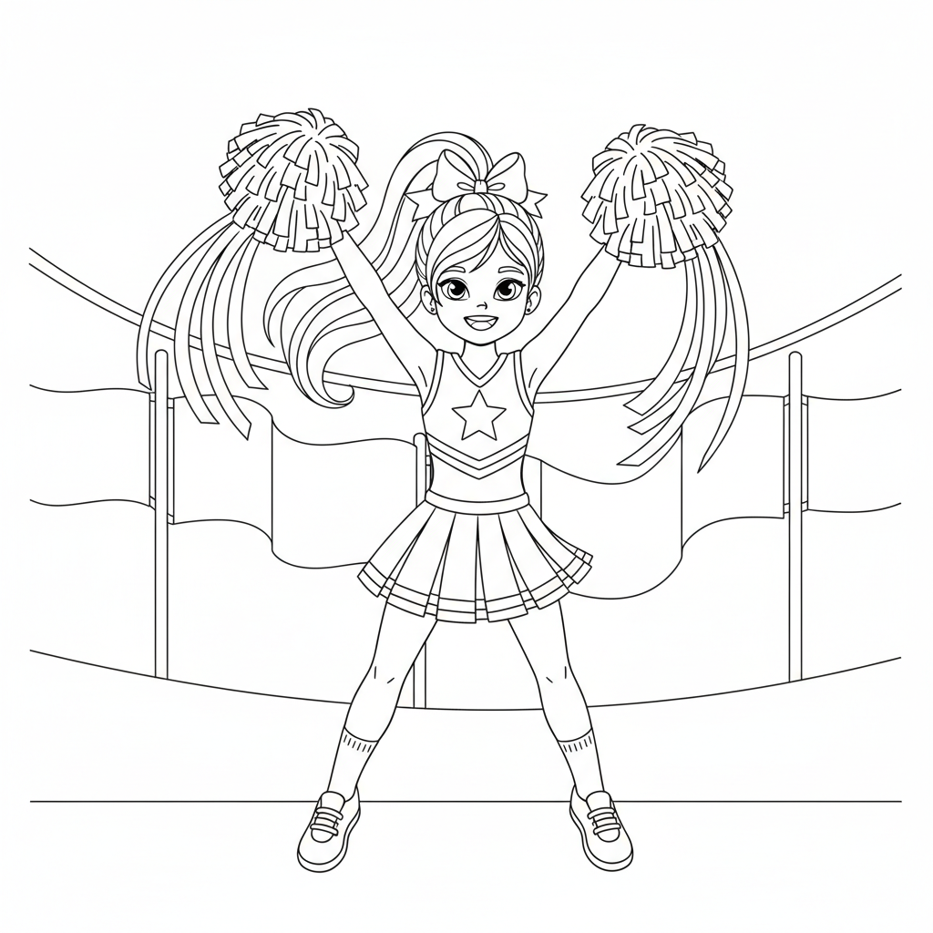 Ragazza con i capelli lunghi cheerleader con coda di cavallo alta e fiocco - Disegno da colorare gratuito Ragazza con i capelli lunghi cheerleader con coda di cavallo alta e fiocco - Disegno da colorare gratuito