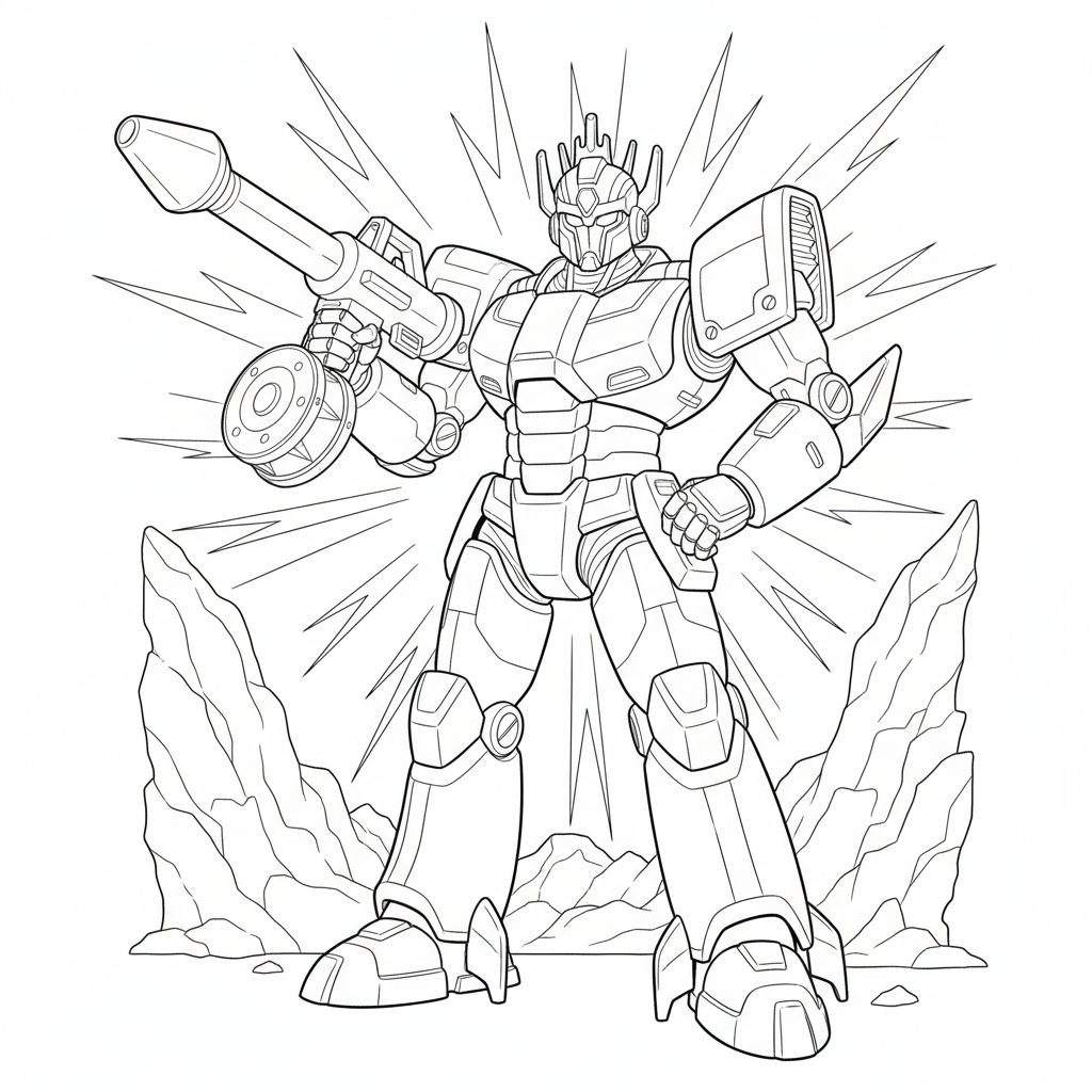A robot suit with a rocket launcher, rocket shoes, robotic head, it is majestic - Free Printable Coloring Page