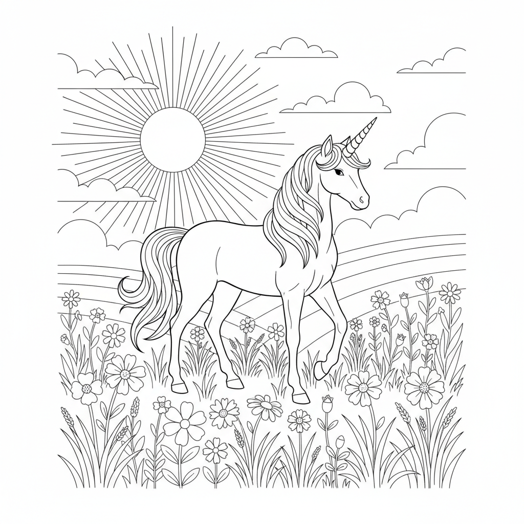 Einhorn auf einem Feld - Free Printable Coloring Page Einhorn auf einem Feld - Free Printable Coloring Page