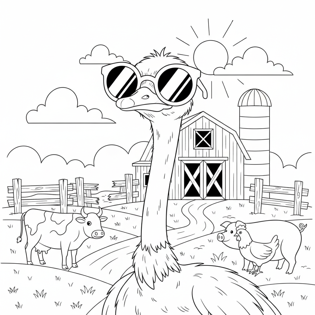 an ostrich wearing sunglasses on a farm - Free Printable Coloring Page an ostrich wearing sunglasses on a farm - Free Printable Coloring Page