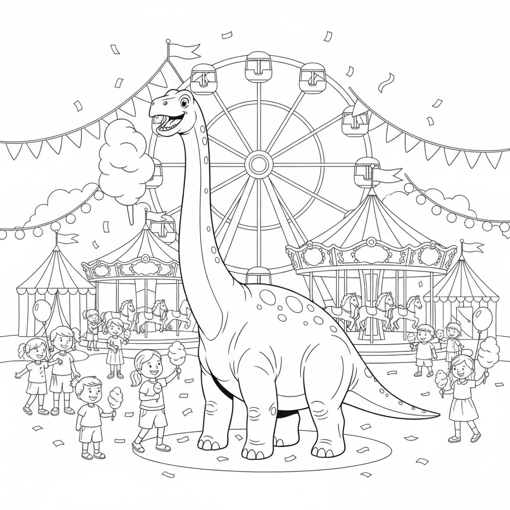 A dinosaur eating cotton candy at a fair - Free Printable Coloring Page A dinosaur eating cotton candy at a fair - Free Printable Coloring Page