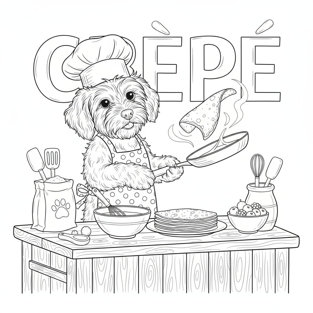 A fluffy doodle puppy baking crepes - Free Printable Coloring Page A fluffy doodle puppy baking crepes - Free Printable Coloring Page