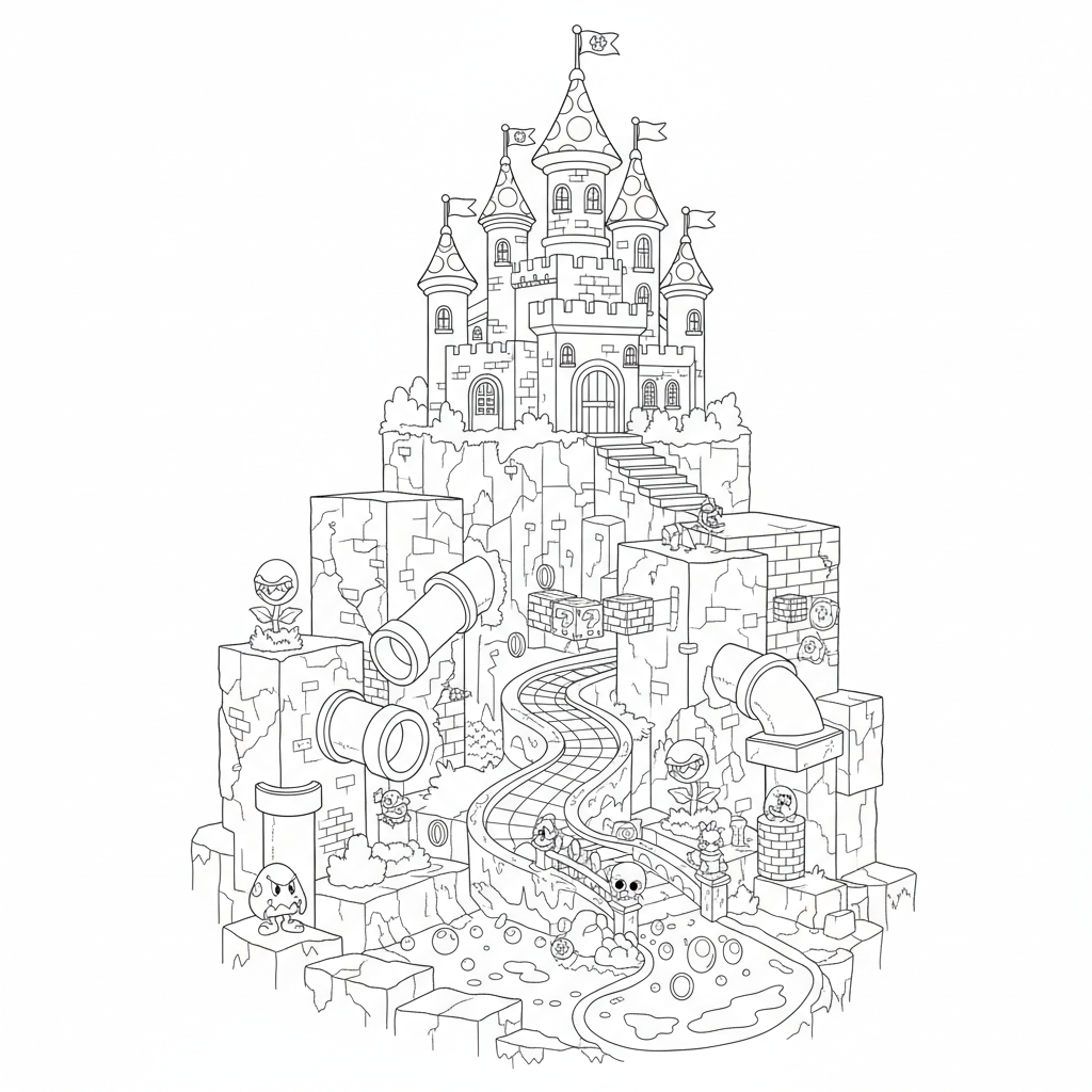 Super Mario Dungeons and castle - Free Printable Coloring Page