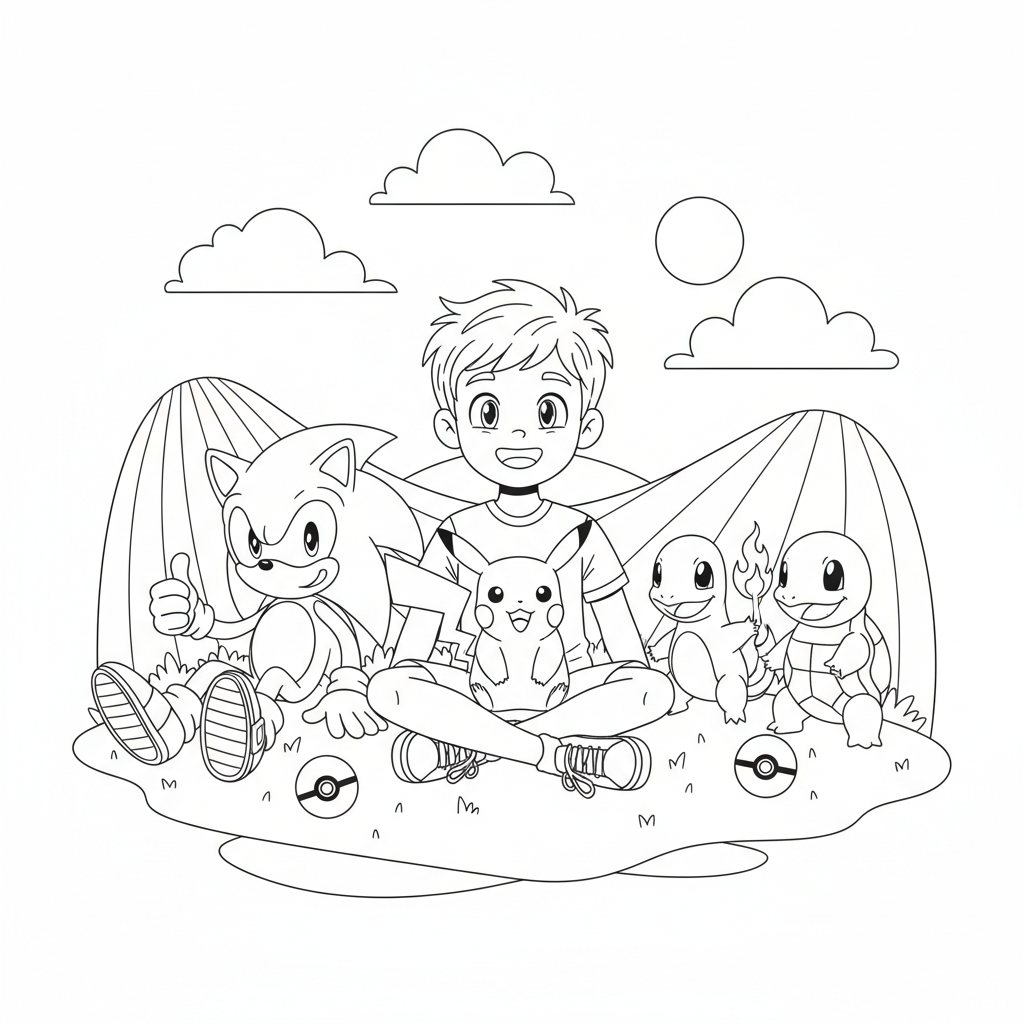 Un garçon de 6 ans qui s'amuse avec Sonic et Pokémon - Free Printable Coloring Page