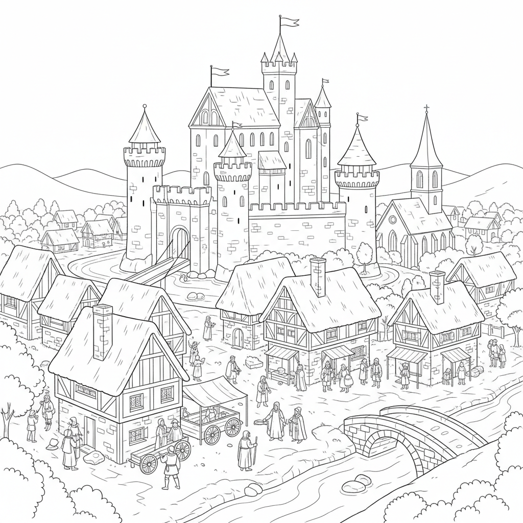 une ville au Moyen Âge - Coloriage gratuit à imprimer