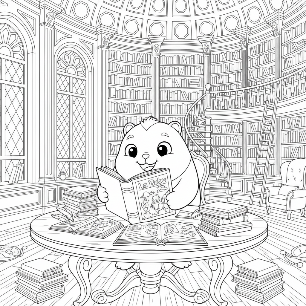 La Bubu in a library - Free Printable Coloring Page