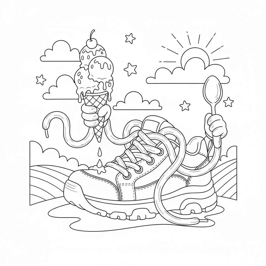 A shoe with long laces eating an icecream - Free Printable Coloring Page A shoe with long laces eating an icecream - Free Printable Coloring Page