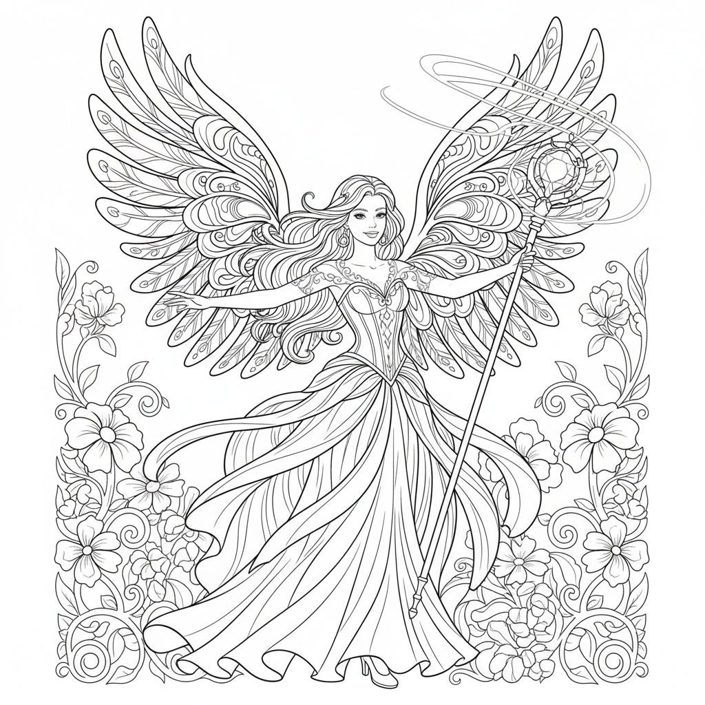 Enchanting Fairy with Floral Wings - Free Printable Coloring Page Enchanting Fairy with Floral Wings - Free Printable Coloring Page