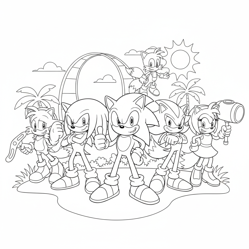 Une photo avec Sonic le hérisson, Knuckles, Tails, Shadow, Sticks et Amy - Coloriage gratuit à imprimer