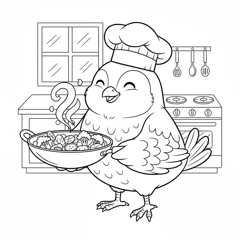 Charming Chef Bird: Cooking Fun Coloring Page! - Free Printable Coloring Page Charming Chef Bird: Cooking Fun Coloring Page! - Free Printable Coloring Page