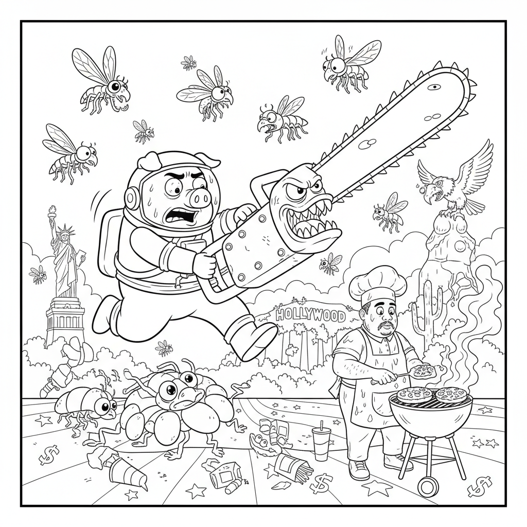 Een kettingzwerver jaagt op een Among Us die op John Pork lijkt, er vliegen overal insecten rond en het is - Free Printable Coloring Page