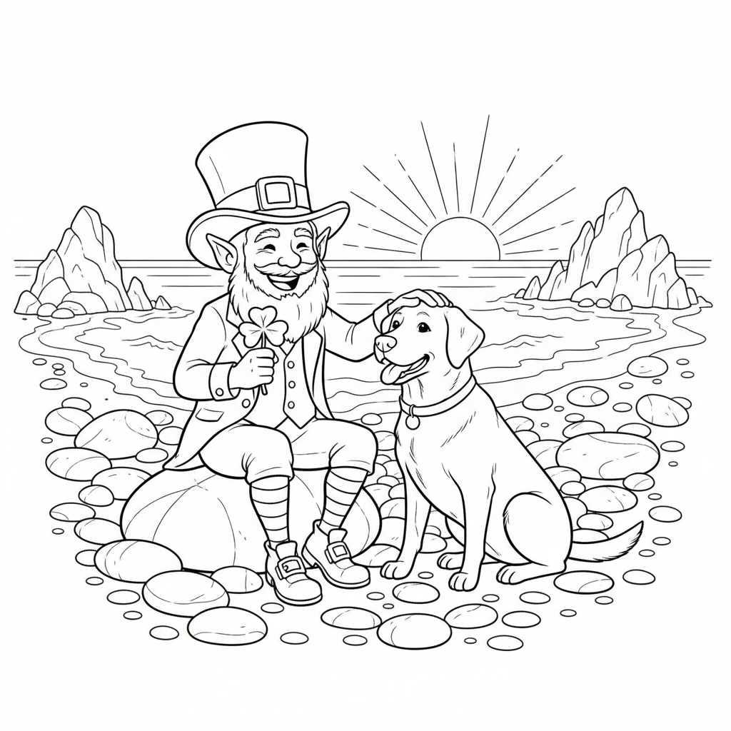 Leprechaun on Pebble Beach with Labrador dog. - Free Printable Coloring Page Leprechaun on Pebble Beach with Labrador dog. - Free Printable Coloring Page