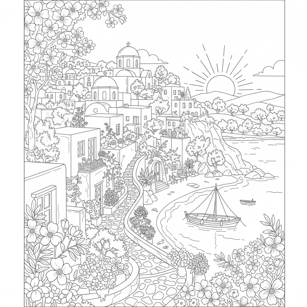 Greek island with flowers - Free Printable Coloring Page