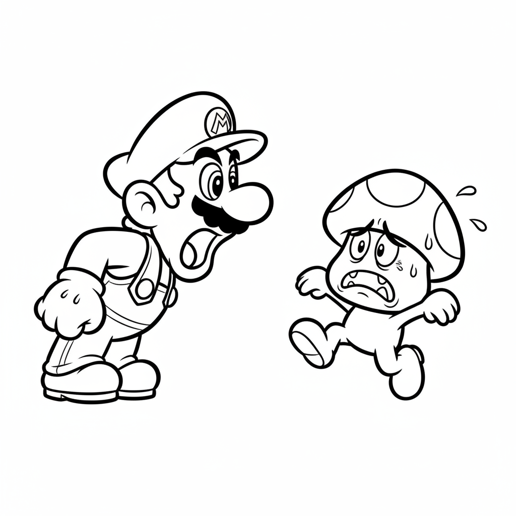Mario with his mouth open wide about to eat a very frightened goomba. - Free Printable Coloring Page Mario with his mouth open wide about to eat a very frightened goomba. - Free Printable Coloring Page