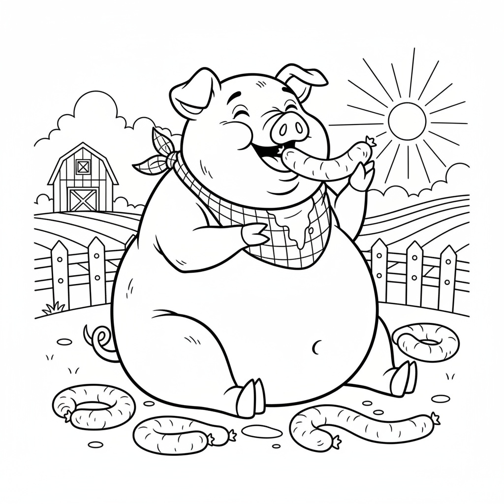 A big fat pig eating sausages - Free Printable Coloring Page