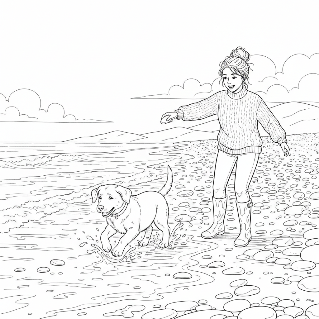 A one year old yellow Labrador, chasing pebbles that a lady with a messy bun is throwing. They are o - Free Printable Coloring Page A one year old yellow Labrador, chasing pebbles that a lady with a messy bun is throwing. They are o - Free Printable Coloring Page