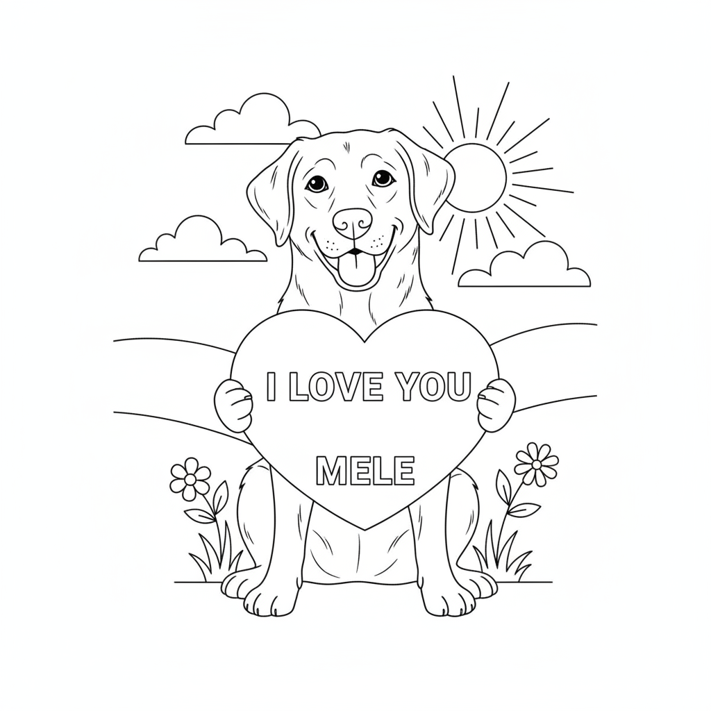 Labrador with a sign that says I love you Mele - Free Printable Coloring Page Labrador with a sign that says I love you Mele - Free Printable Coloring Page