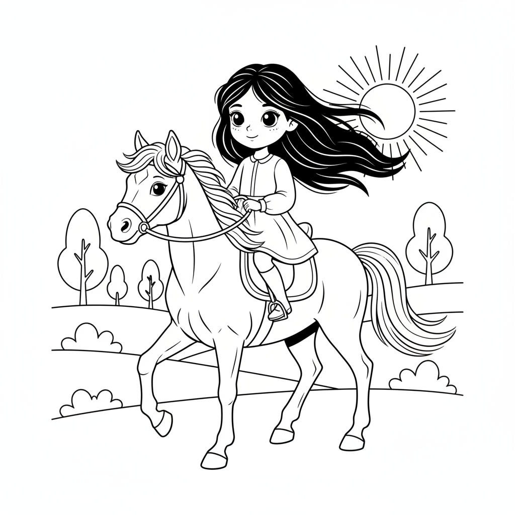 Une petite fille aux longs cheveux noirs, sans frange, à cheval. La fillette a de grands yeux bruns. - Coloriage gratuit à imprimer