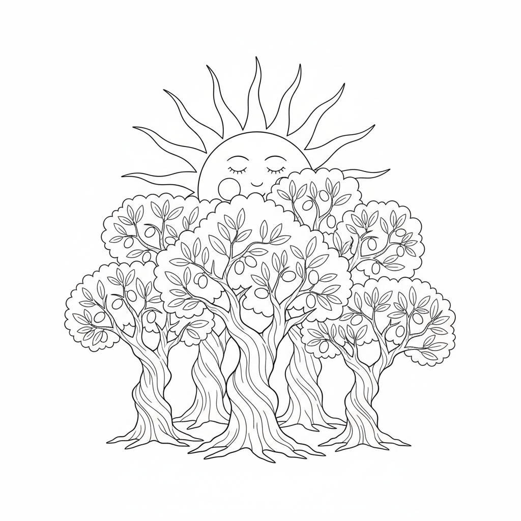 olive trees and sun - Free Printable Coloring Page