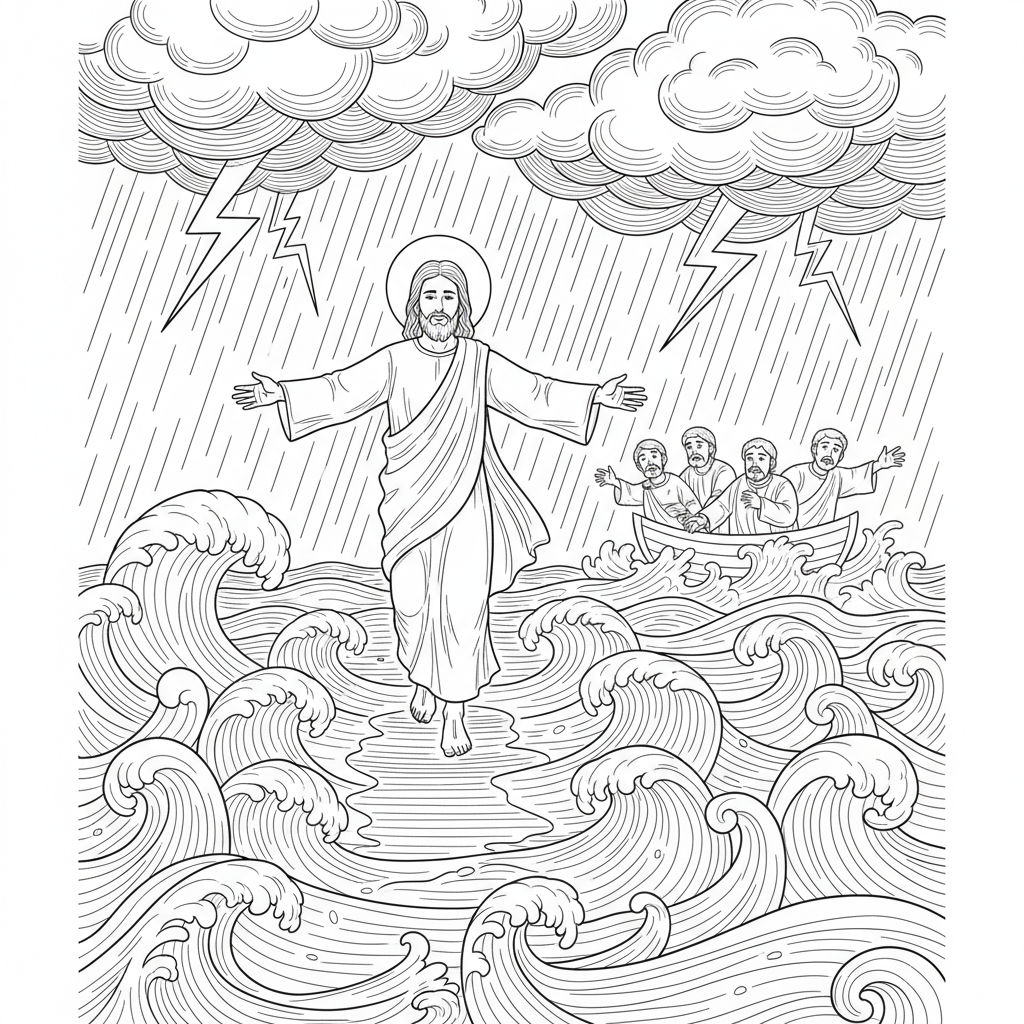 Jesus geht während eines Sturms über das Wasser. - Kostenloses druckbares Ausmalbild