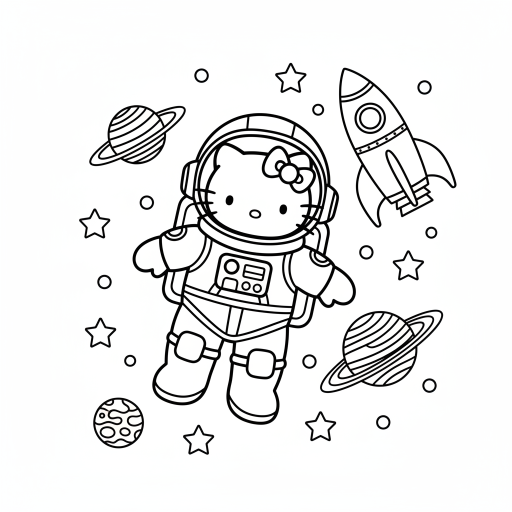 Hello Kitty Astronaut Space Adventure Coloring Page - Free Printable Coloring Page