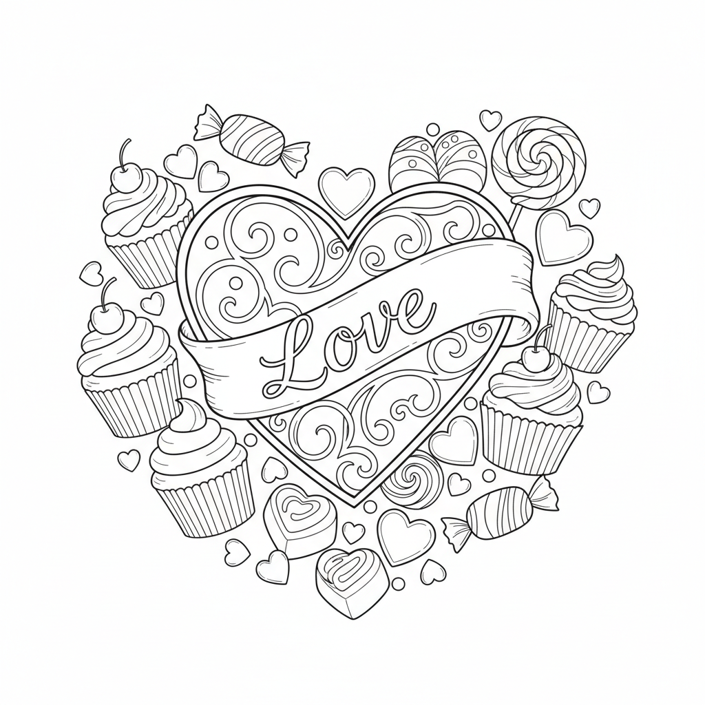 Sweet Love Heart & Treats Målarbok - Gratis utskrivbar målarbild Sweet Love Heart & Treats Målarbok - Gratis utskrivbar målarbild