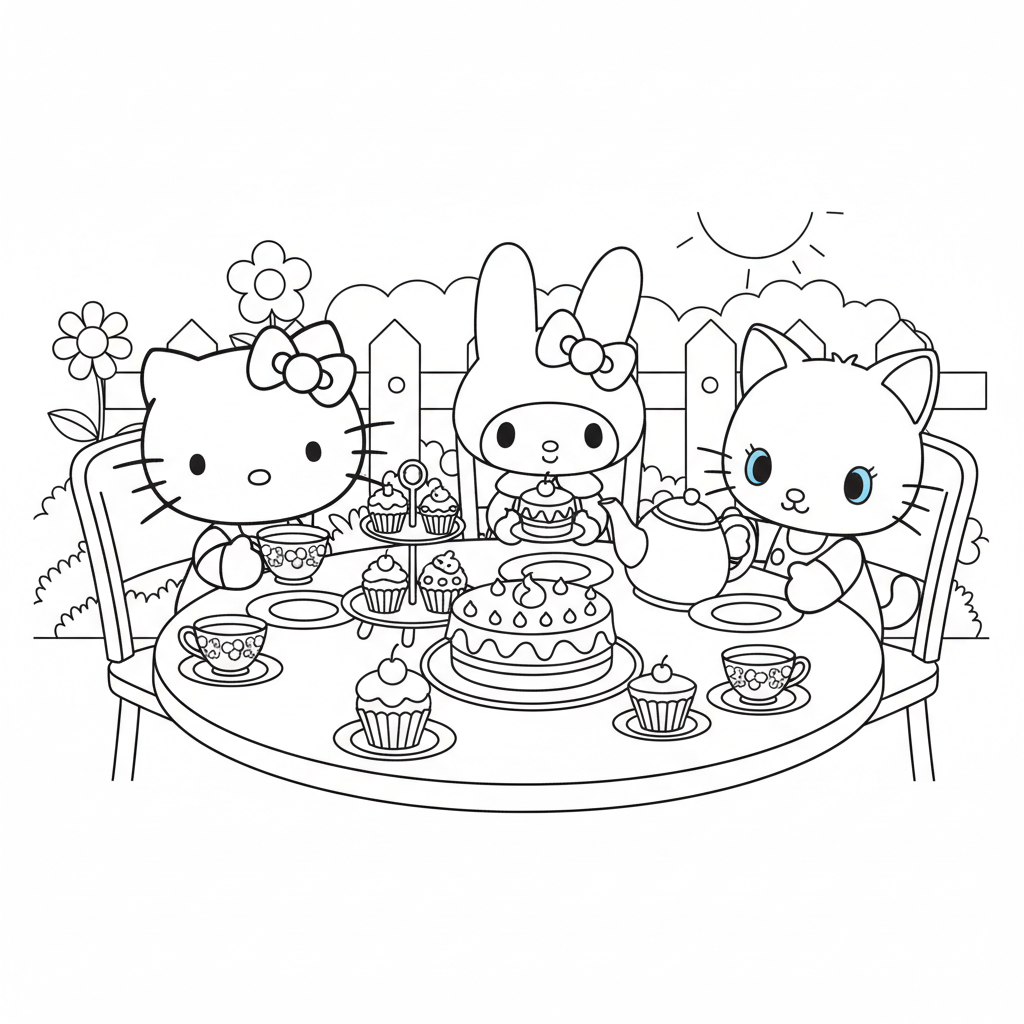 Kitty Tea Party Fun! - Free Printable Coloring Page