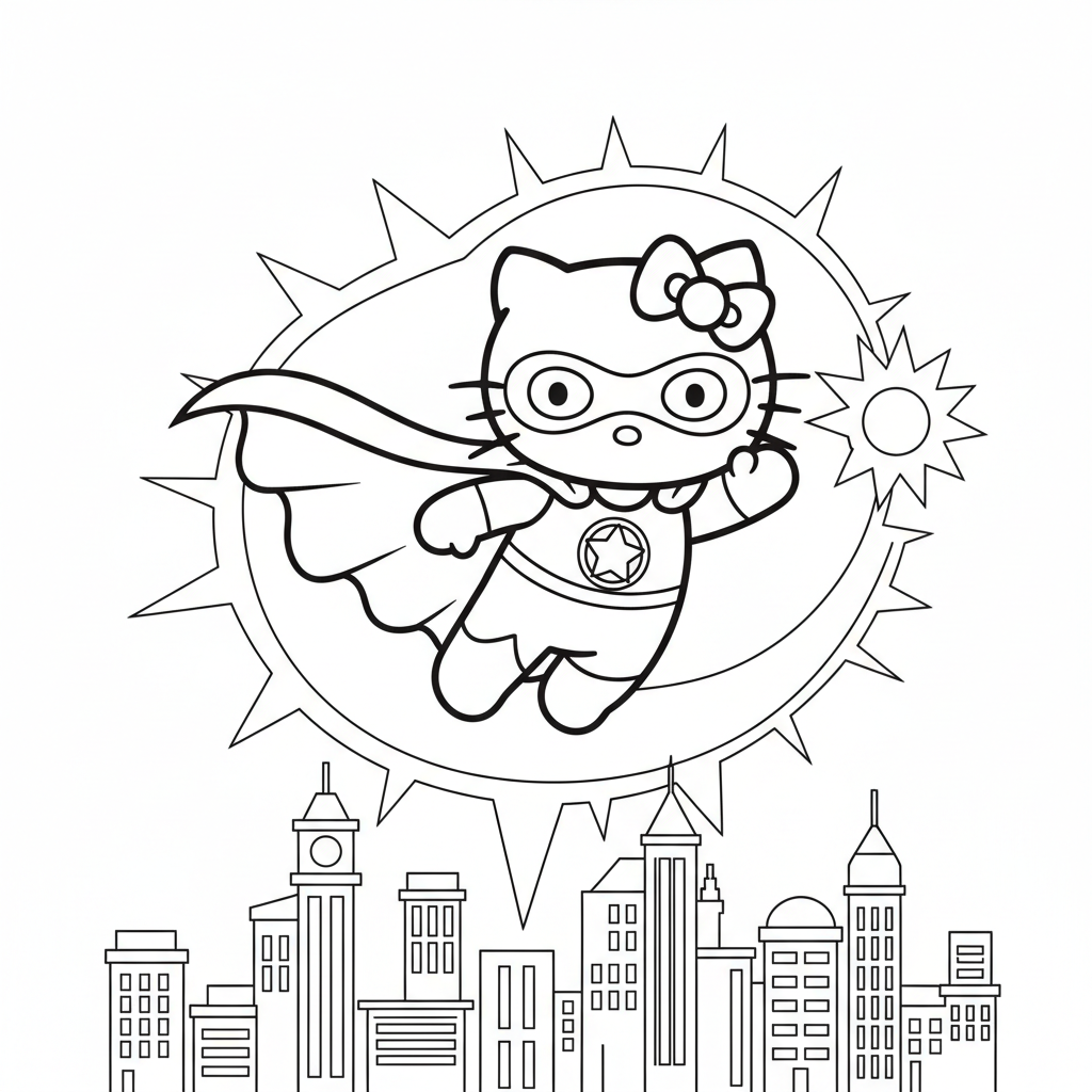 Super Kitty Soars Above the City! - Free Printable Coloring Page