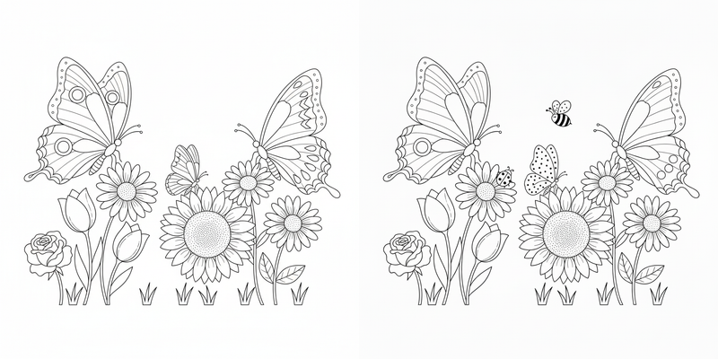 Butterfly Garden - Spot the Difference | Free Printable Coloring Page